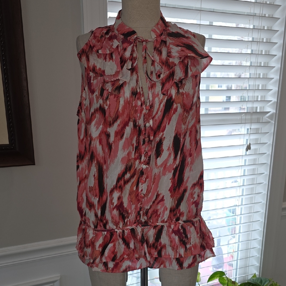 LOFT Petites Pink,Red and White Patterned Blouse